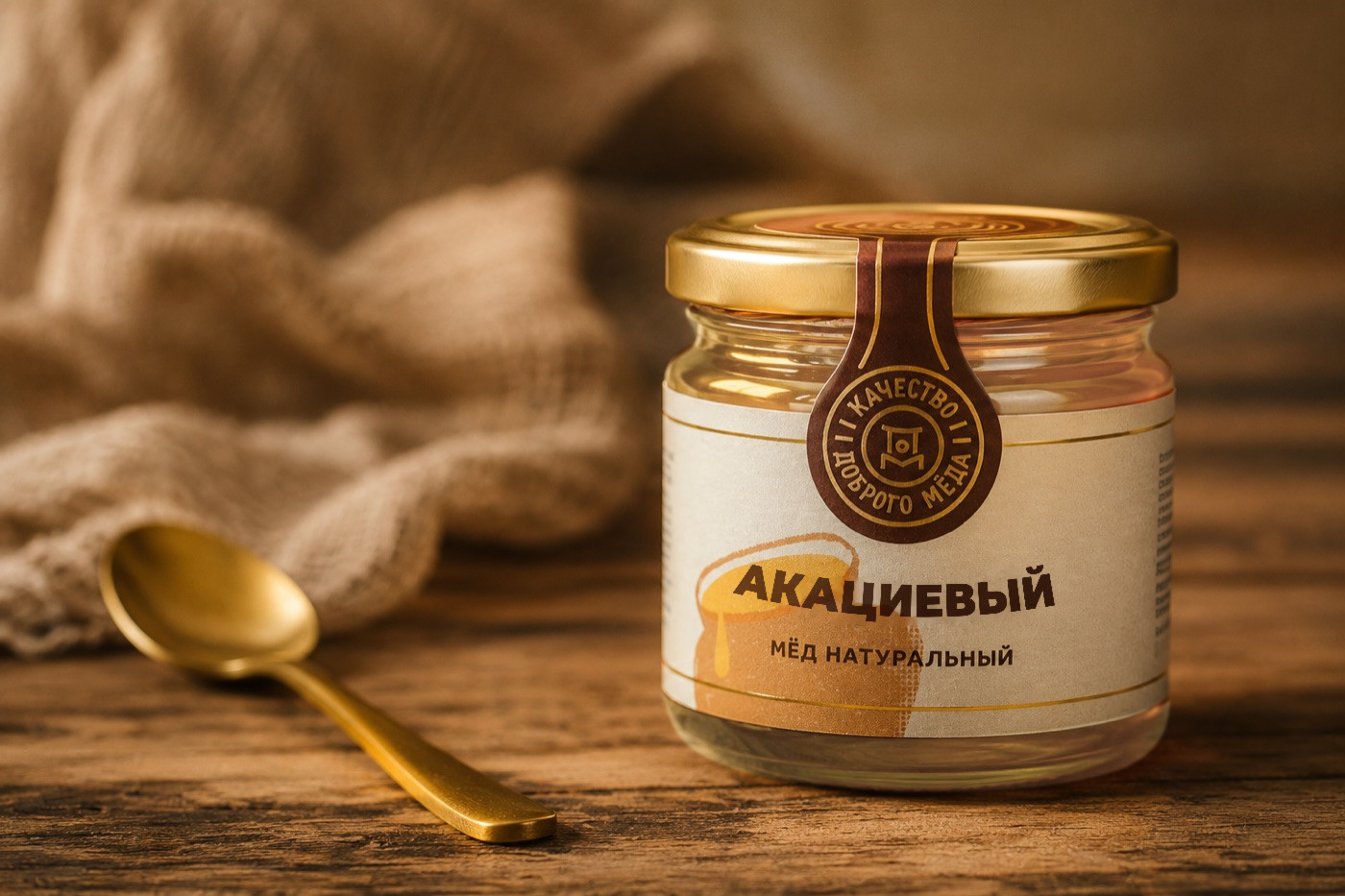 Акациевый мёд ДОБРЫЙ МЁД в стеклянной банке с золотой ложкой на деревянном столе